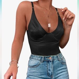 New- Women's Sexy Deep V Neck Shiny Thong Bodysuit Tank Tops with Underwire